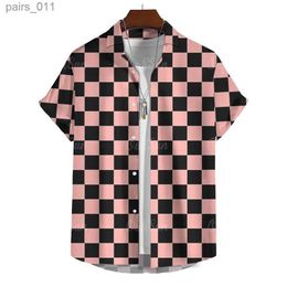 Men's Casual Shirts Chequered Striped Print Shirts For Men Summer Casual Mens Shirt Beach Vacation Style Hawaiian Short Sleeve Shirt Oversized Tops 240402