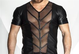 Sexy Lingerie Plus Size Men Exotic Tanks Catsuit Latex PU Nightwear Sexy Mens See Through Top Tanks Shirts Exotic Man9998055