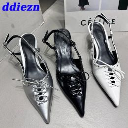 Pumps Woman Pumps Heels Shoes 2023 Summer Fashion Rivet Female Lace Up Shallow Pointed Toe Ladies Med High Heels Shoes Sandals