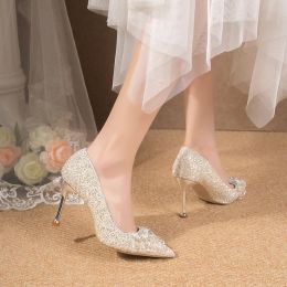 Pumps 2023 Ladies Shoes Silver Bling Women's Pumps Pointed Toe Super Thin Heels High Heel Pump Women Diamond Wedding Shoes Bride