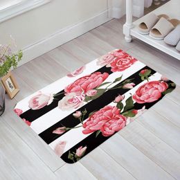 Carpets Peony Rose Pink Flower Black And White Stripes Kitchen Doormat Bedroom Bath Floor Carpet House Door Mat Area Rugs Home Decor