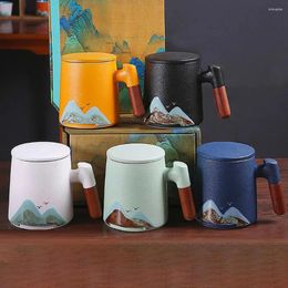Mugs Wooden Handle Ceramic Mug Tea Cup Vintage Coffee Breakfast Infuser Lid Home Office Strainer Water Party Festival Gifts