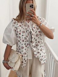 Women's Vests Women Fashion Flower Printed Lace Up Vest Chic V-neck Sleeveless Loose Waistcoat 2024 Spring Lady Basic Streetwear Tops