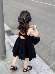 2023 Korean style girl beach black dress girl casual dress 1-6 year old children 240402