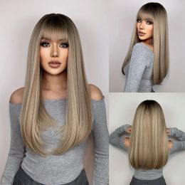 Wigs EASIHAIR Long Straight Synthetic Wigs with Bangs Brown to Blonde Ombre Natural Hair Wig for Women Cosplay Wig Heat Resistant