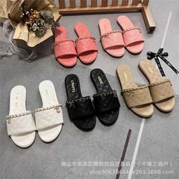 18% OFF Designer shoes Xiaoxiangfeng Metal Label Plaid Slippers Spring/Summer One line Round Head Flat Bottom Home Womens Shoes