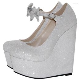 Dress Shoes Minan Ser Women's Pumps Shiny Silver Fabrics And Cute Bows Sexy Wedge For Wedding Night Clubs