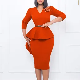 Casual Dresses Women Elegant Bodycon Dress V Neck Half Sleeve Appliques Peplum Belt Patchwork Sheath Package Hip Office Lady OL