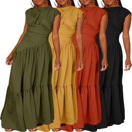 Hot Style Women Sleeveless Pleated Dress Summer Fashion Solid Colour Slim Waist Ruffles Bottom A Line Casual Maxi Dresses