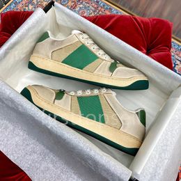 New Couple sneakers Flat Retro Dirty Sneakers gicci Screener Shoes Classic Green Pink Rhinestone Stripe Low Top Leather Tennis shoes Size 38-43 fast shopping