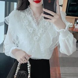 Women's Blouses Vintage Crochet Lace Women Shirt V-neck Ruffled Long Sleeve Chiffon Blouse Korean Sweet Elegant Blusas Casual Ladies Tops