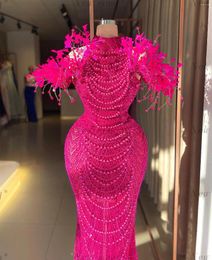 Party Dresses Pink High Neck Off Shoulder Long Mermaid Evening Row Of Pearls Sparkle Sleeveless Women's Events Prom Gowns