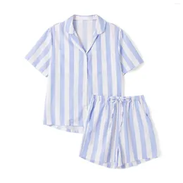 Home Clothing Summer Casual Women's 2Pieces Shirts Shorts Suits Blue Striped Loungewear Short Sleeve Lapel Neck Buttons Pyjamas