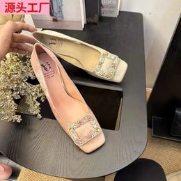 Elegant Spring SUmmer Crystal High Heels Square Toe Black Pink Dress Party Office Lady Pumps Size Fashion 240326