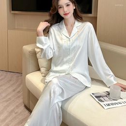 Home Clothing Lapel Pyjamas Set Women Printed Satin Nightwear Elegant Pajamas Suit Homewear Casual Spring Shirt Pants Sleepwear