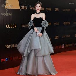 Casual Dresses YOSIMI Women Grey Patchwork Black Dress Evening Party Summer Floor-Length Strapless Sleeveless Ball Gown A-line Long Tube