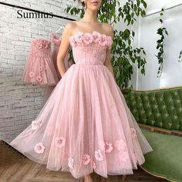 Party Dresses Simple Pink Tulle Length Prom Strapless Handmade 3D Flowers A-Line Dress 2024 Midi Princess Evening Gowns