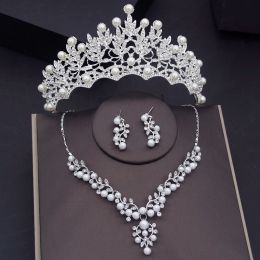 Rhinestone Pearls Bridal Jewelry Sets for Women Tiaras Earrings Necklace Sets Wedding Crown Bride Jewelry Set Accessories