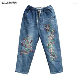 Women's Jeans Floral Embroidery Women Light Blue Calf Length Denim Pants 2024 Spring Drawstring Elastic Waist Bleached Ladies Retro