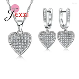 Necklace Earrings Set Luxurious Full Shiny Rhinestones Hearts 925 Sterling Silver Jewellery Women Bridal Wedding Bijoux