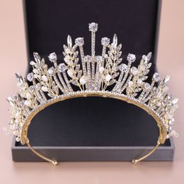 KMVEXO Baroque Luxury Bridal Crystal Leaf Crowns Princess Queen Pageant Prom Pearl Veil Tiaras Headband Wedding Hair Accessories T266d