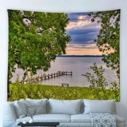 Tapestries Natural Landscape Big Tapestry Forest Park Lake Pier Wooden Bridge Flowers Plant Trees Spring Scenery Wall Hanging Bedroom Decor