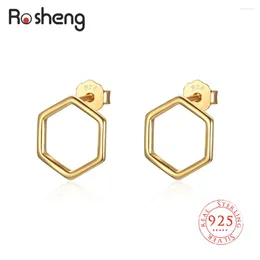 Stud Earrings 925 Sterling Silver Hollow Out Geometric Hexagon Simple Golden Colour For Women Girls Fine Jewellery Piercing