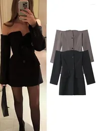 Casual Dresses Fashion Women's Off Shoulder Blazer Mini Dress Single Breasted Slash Neck Silm Long Sleeve Two Colors Spring 2024