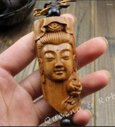 Decorative Figurines Copper Statue Chinese Knot Wood Carving Guan Kwan Yin Head Buddha Car Pendant Amulet