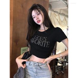 Women's T Shirts Y2K Summer Rhinestones Shirt Crop Top Short Sleeve T-Shirt Women Gods Letter Printed Skinny