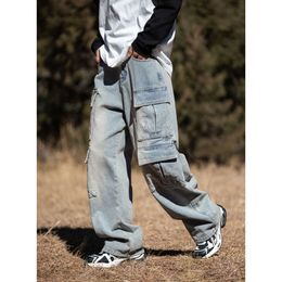 Han Lu Abbigliamento da uomo American Multi Pocket Washed Old Jeans Pantaloni da lavoro larghi dritti da uomo High Street