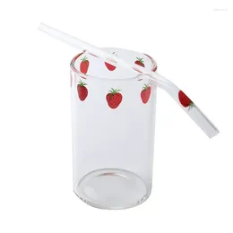 Wine Glasses 300ml Strawberry Heat Resistant Coffee Milk Water Cups With Straws Clear Cute Juice Smoothie Cold Drinks Straw Cup