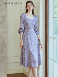 Casual Dresses French Style Temperament Printed Long Sleeve Slim Dress For Women 2024 Spring Graceful Square Collar Swing Mid-Length