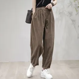 Women's Pants 2024 Spring Arts Style Women Elastic Waist Loose Ankle-length All-matched Casual Cotton Corduroy Harem P564