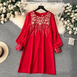 Casual Dresses Summer Embroidery Flower Mini Dress Women's O-Neck Long Sleeve Red Black Office Lady Work Wear A-Line Party Vestidos 7019