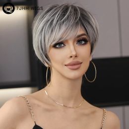 Wigs 7JHH WIGS Ombre Black Blonde Bob Wig for Women Daily Party Synthetic Straight Short Hair Wig with Fluffy Bangs Pixie Cut Wigs