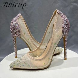Pumps Tikicup Glitter Sequined Women Gauze Mesh Pointy Toe High Heel Shoes Bling Rhinestones Wedding Party Slip On Stiletto Pumps
