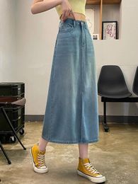 Skirts Summer Thin Denim Women Elegant High Waist Mid Length Slit A-line Casual Simple Ladies