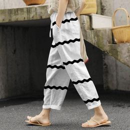 Women's Pants Women Cotton Cropped Loose Wide Leg 2024 Spring Summer Casual Striped Print Drawstring Elastic Waist Comfy Trousers