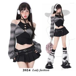 Work Dresses 2024 Spring Autumn Two Pieces Skirt Set Women Y2k Crop Tops T-shirt Short Japanese Kawaii Fashion Suits Chic Korean