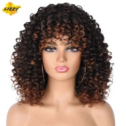 Wigs Short Hair Afro Kinky Curly Wigs With Bangs For Black White Women Synthetic Cosplay Natural Ombre Brown Curly Bob Wig Lizzy 14"