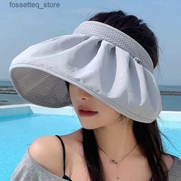 Wide Brim Hats Bucket Hats Sun Hats For Women Summer Empty Top Beach Hat Female Foldable Sunshade Ladies Visor C Gorro Solid Colour Black Shell Cs L240402