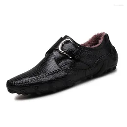 Walking Shoes Classical Style Men's Winter Genuine Cow Leather Outdoor Crocodile Flats Buckle Warm Plush Driving For Male