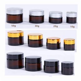 wholesale 5g 10g 15g 20g 30g 50g Amber Brown Glass Cream Jar Refillable Bottle Cosmetic Makeup Storage Container with Gold Silver Black ZZ