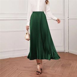 Skirts Fashion Women's High Waist Pleated Solid Color Versatile Elegant Premium Satin Silk Lady Skirt Vintage A-Line