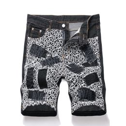 Summer Loose Men's Denim Shorts, Black Straight Embroidered Patches Short Jeans, Spider Web Mid-waist Trendy Shorts