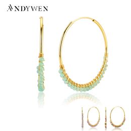 Earrings ANDYWEN 925 Sterling Silver 40mm Summer Green Beads Hoop 2020 Rock Punk Moonstone Piercing Ohrringe Fashion Jewelry Pendiente