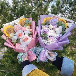 Cotton rope Artificial rose sunflowers Tulip carnations Handmade Flower Bouquets Valentine Mothers Day Birthday Graduation Gift 240318