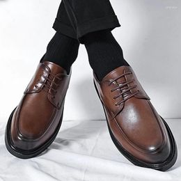 Casual Shoes Men's 2024 High Quality Lace Up Leather Autumn Round Toe Solid Comfortable Chunky Heels Fashion Loafers Men