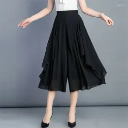 Women's Pants Women Chiffon Wide Leg Spring Summer Thin Elastic Waist Loose All-match Lady Calf-Length Fashion Skirts 4XL